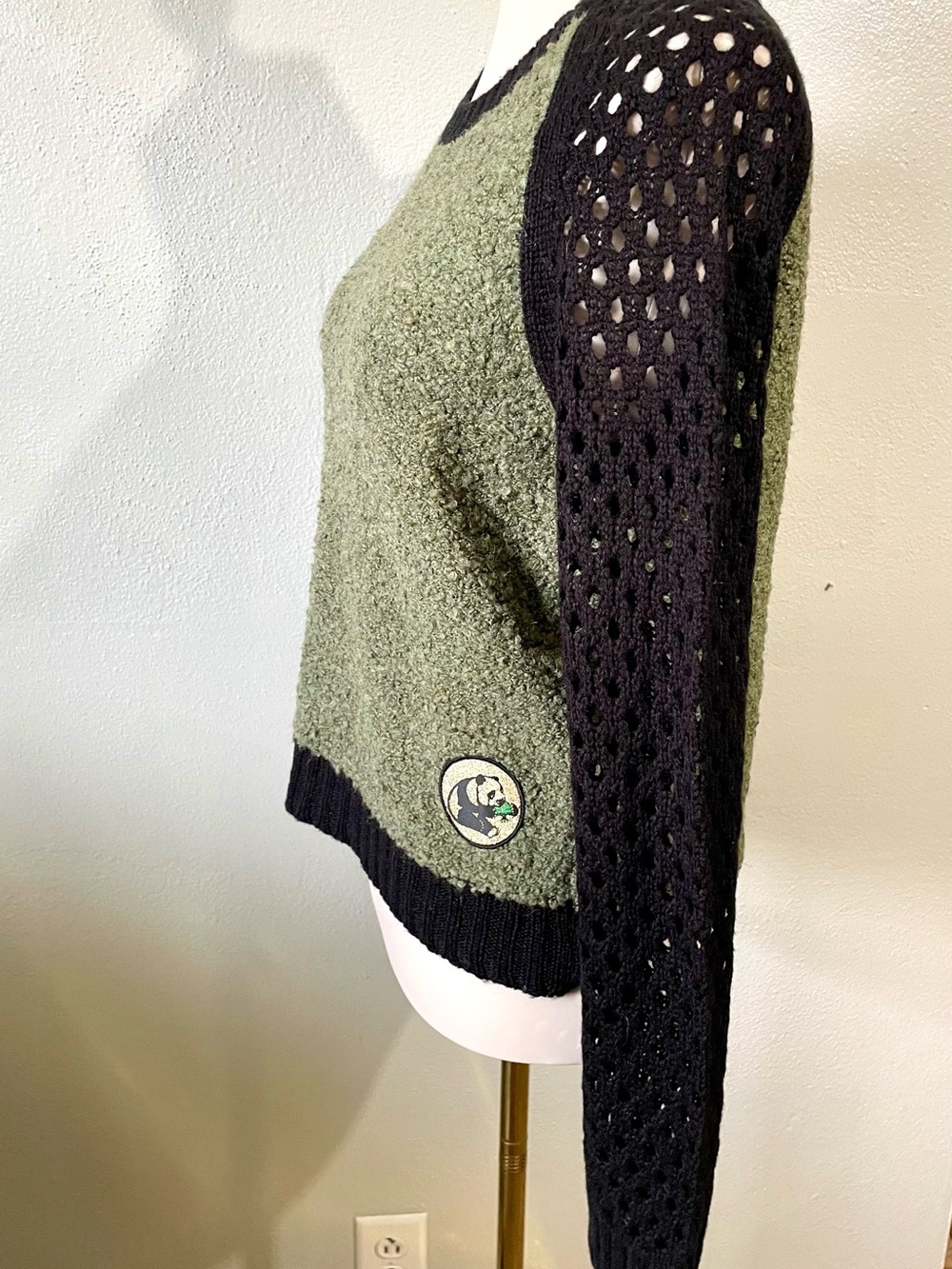 Lrg Lambswool Blend Sweater Olive Black Panda Patch Crochet Sleeve Small Skate View 4